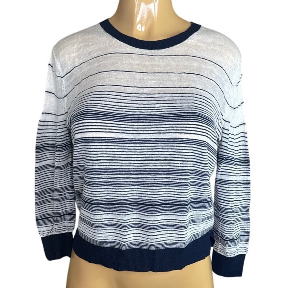 Theory Rainee P Prosecco Cropped Sleeve Sweater Blue White Stripe Size Medium